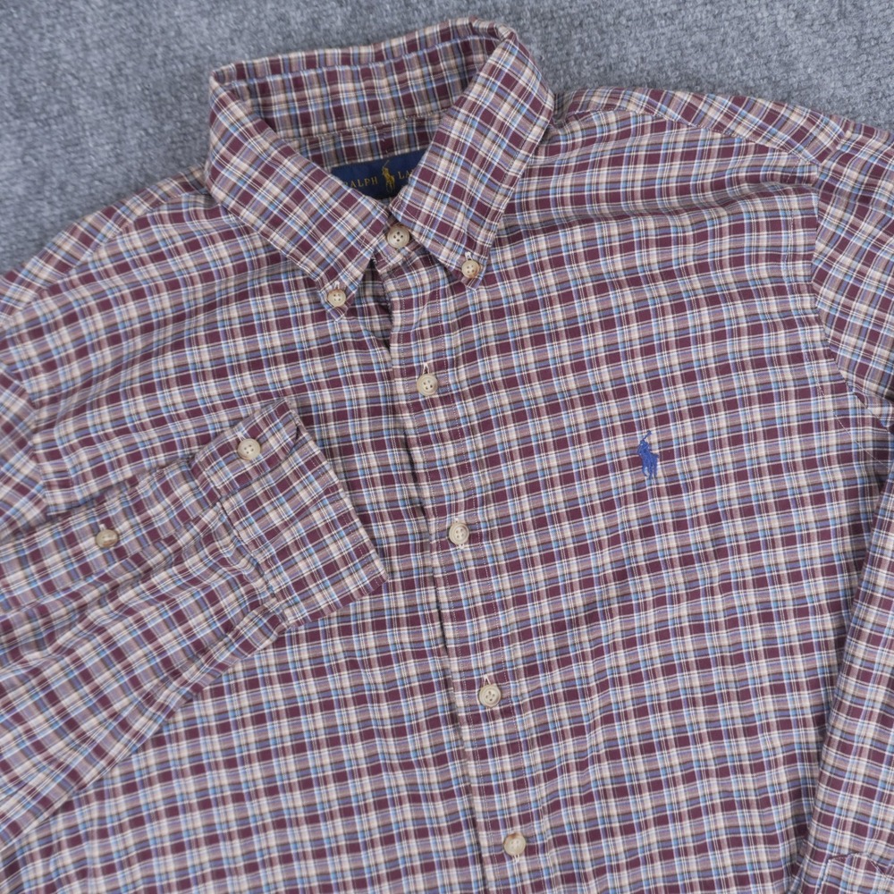 Ralph Lauren Button Down Shirt Mens L Burgundy Blue Plaid Long Sleeve Pony Logo